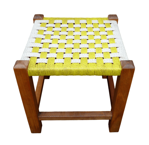 Vintage Mid Century Woven Checkerboard Yellow & White Foot Stool Circa 1960s 1970s