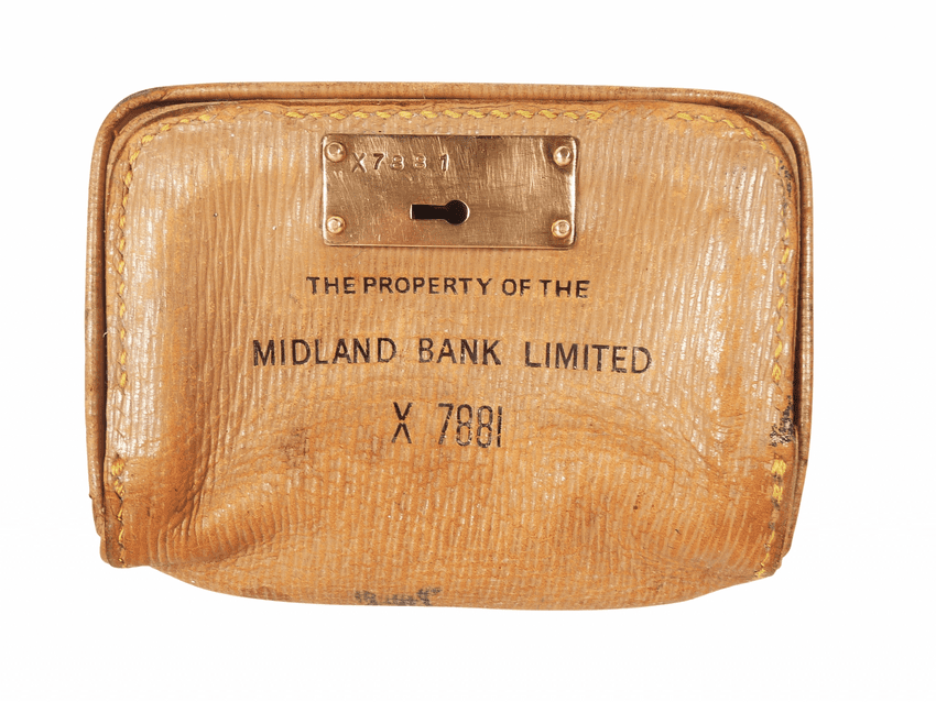 Vintage Midland Bank Limited Leather Night Safe Money Deposit Bag c/w Original Hodges Locks Key