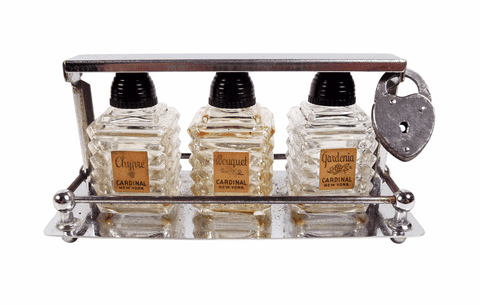Vintage Mini Cardinal New York Glass Perfume Bottle Tantalus Caddy Set Chypre Gardenia Bouquet Lock