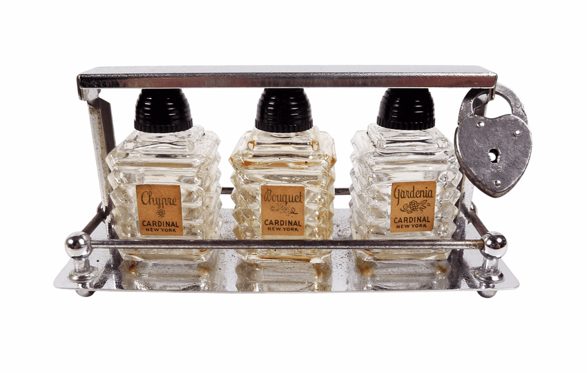 Vintage Mini Cardinal New York Glass Perfume Bottle Tantalus Caddy Set Chypre Gardenia Bouquet Lock
