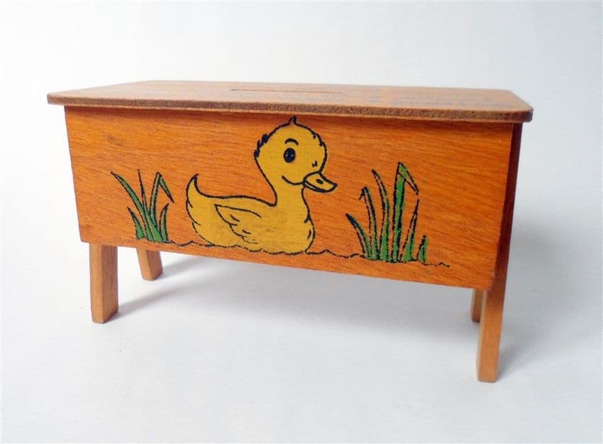 Vintage Miniature Wood Stool Rhyme Money Box Our Little Girl Shillings Pence 1960s Bank Folk Art