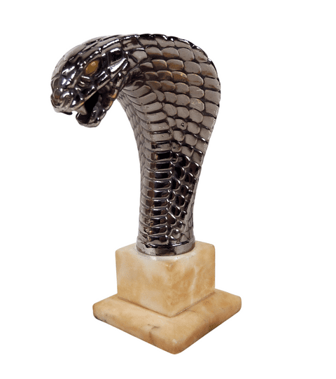 Vintage Motoring Chrome Cobra Car Mascot Hood Ornament on Base Automobilia