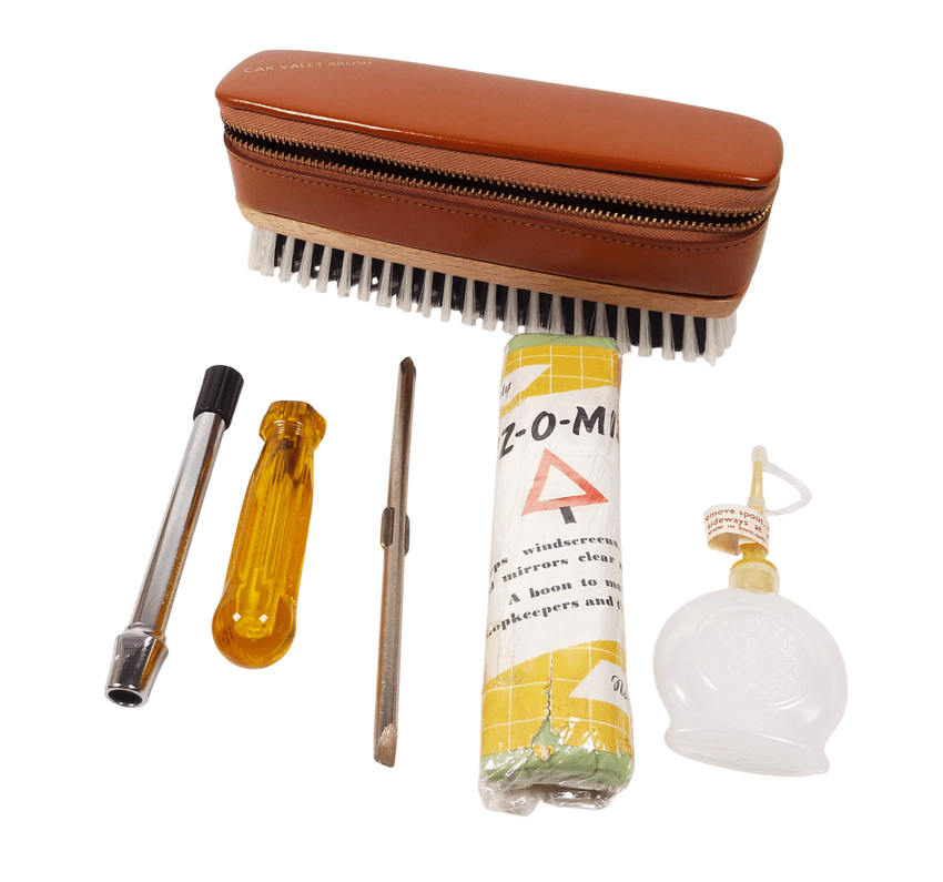 Vintage Motoring Garage English Cow Hide Leather Nylon Brush Car Valet Kit  Tools Gauge Unused