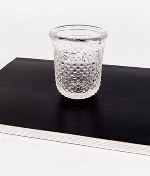 Vintage Novelty Moulded Thimble Shot Tot Drinking Glass Circa 1930s JUST A THIMBLE FULL