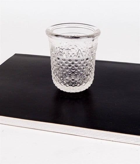 Vintage Novelty Moulded Thimble Shot Tot Drinking Glass Circa 1930s JUST A THIMBLE FULL
