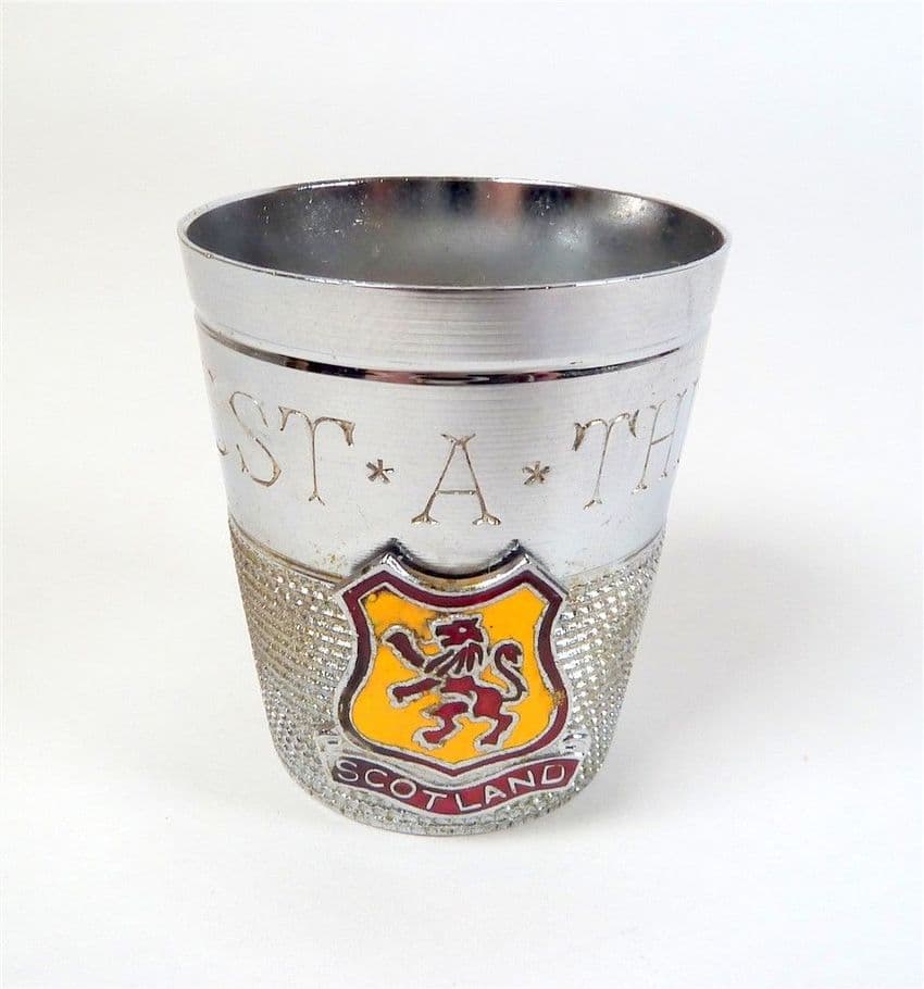 Vintage Novelty Over-Sized Sewing Thimble Measure Just a Thimble Full Enamel Scotland Crest Tot Shot