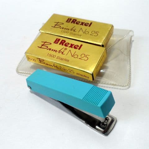 Vintage Office Cased Blue Rexel Bambi No.25 Pocket Patent Stapler with Staples, Circa 1960s