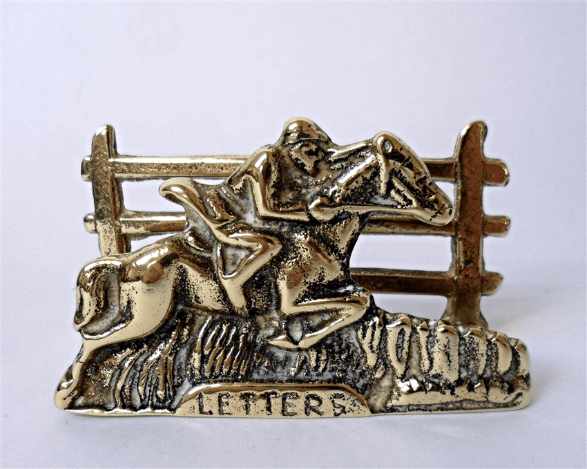 Vintage Office Desk English Brass Equestrian Letter Rack Horse Foxes Fox Hounds Hunting Letters