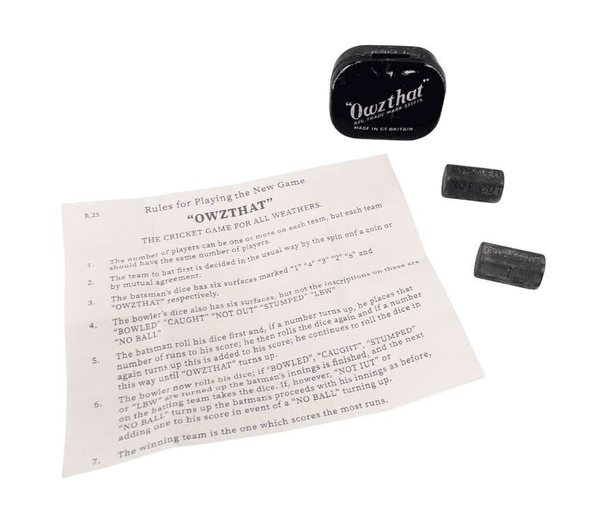 Vintage Owzthat Cricket Dice Game Original Large Tin c/w Instructions 1930/50s 1908 Reg Trade Mark