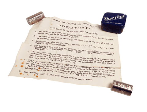 Vintage Owzthat Cricket Dice Game Original Small Tin c/w Instructions 1930/50s 1908 Reg Trade Mark
