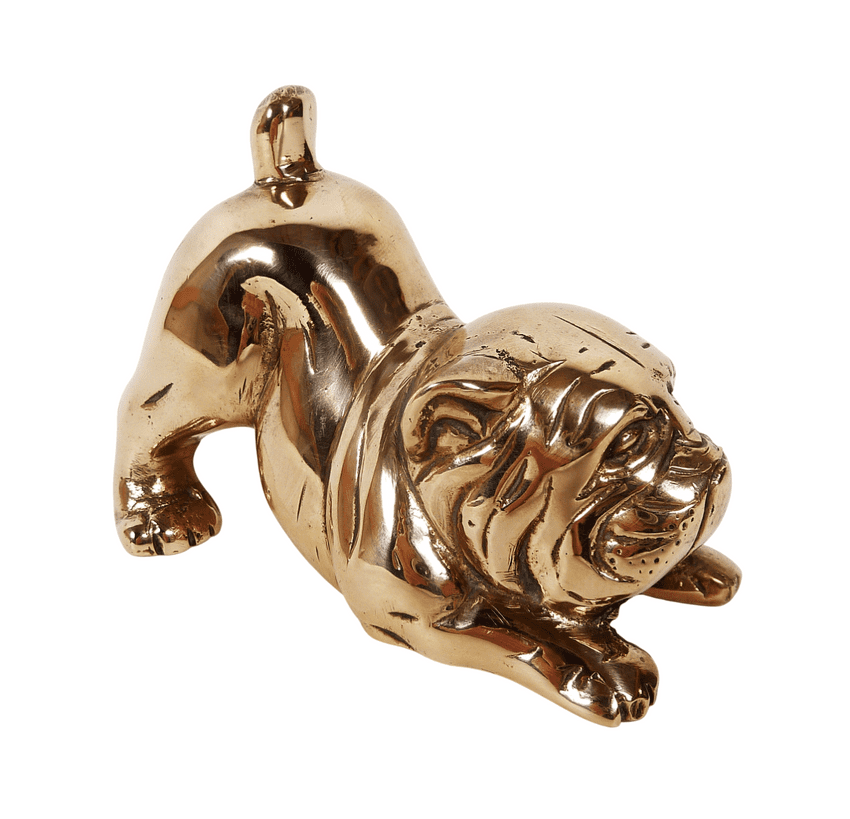 Vintage Polished Brass Bulldog Dog Puppy Figure Ornament Sculpture Desk Paperweights Circa 1970s