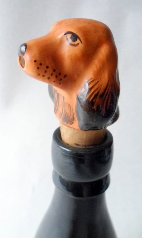Vintage Pub Home Bar Barware Brown Spaniel Ceramic Figural Bottle Pourer Stopper Made in England Circa 1960s Dog Hand Painted