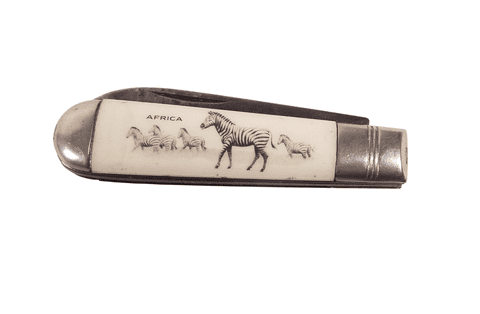 Vintage Richards Sheffield Folding Folder Pocket Knife Africa Souvenir Zebra Lamppost Pictorial