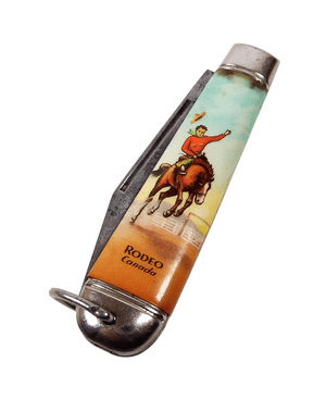 Vintage Richards Sheffield Folding Folder Pocket Knife Rodeo Canada Souvenir Horse Rider Lamppost