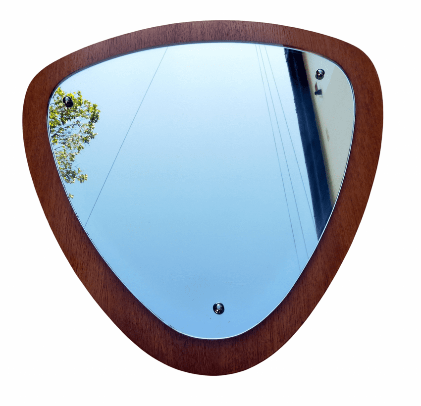 Vintage Scandi MCM Mid Century Modern Wood Teak Backed Triangular Shield Freeform Mirror 1960s