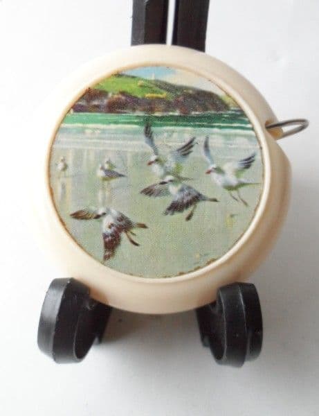 Vintage Sewing Push Button Retractable Tape Measure Seagulls by Cliff Dean of England Circa 1960s