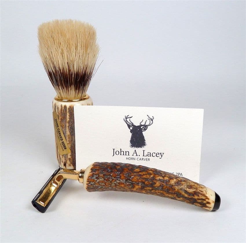 Vintage Shaving John Lacey Scottish Horn Carver Antler Safety Razor & Badger Hair Shaving Brush Set