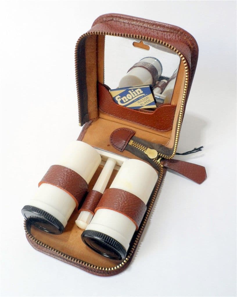 Vintage Shaving Leather Cased Gents Mens Grooming 4 Piece Set Souplex White Bakelite Razor 1940/50s