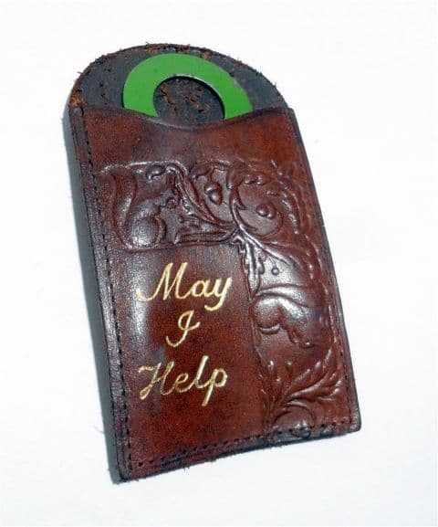 Vintage Shoe Horn in Leather Case Motto Tooled Embossed May I Help 1930s Squirrel Acorn Travel
