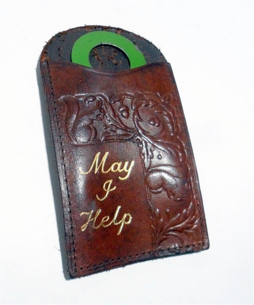 Vintage Shoe Horn in Leather Case Motto Tooled Embossed May I Help 1930s Squirrel Acorn Travel