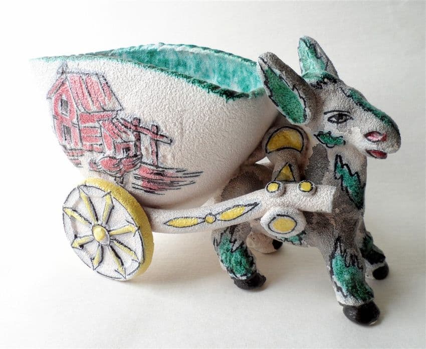 Vintage Signed Handmade Mid Century Italian Art Pottery Large Donkey & Cart 1960s Italy 5223 Planter