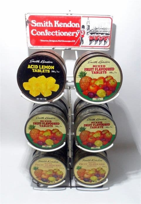 Vintage Smith & Kendon Confectionery Shop Counter Display Stand c/w 16 Travel Sweet Tins Enamel Sign