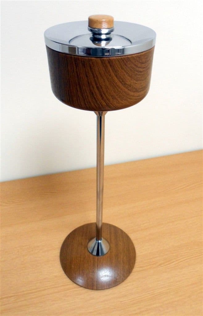 Vintage Smoking Ianthe Smokers Stand Ashtray Ash Tray Chrome & Wood Effect Circa 1960s Weighted Base Floor Standing