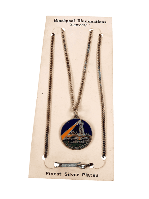 Vintage Souvenir Blackpool Illuminations Tower Necklace Silver Plated Chain Enamel Fob on Card 1950s