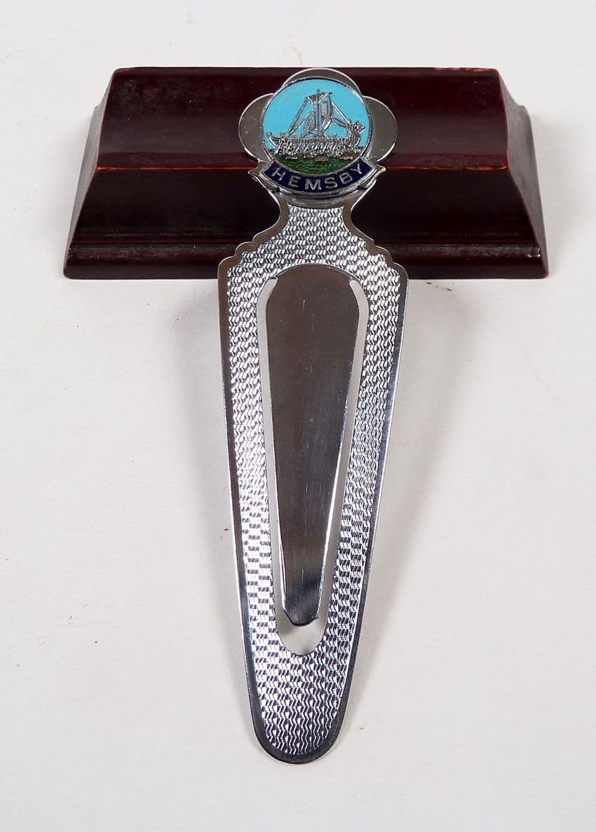 Vintage Souvenir Chrome Page Marker Book Mark Enamel Crest Hemsby Norfolk Viking Ship Longboat