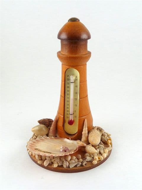 Vintage Souvenir Wooden Wood Lighthouse Desk Thermometer Eastbourne Shells Working