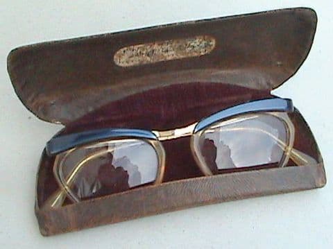 Vintage Spectacles Glasses Ladies Blue Amber Browline Type H Co 1/20 Gold Filled Frames Circa 1950s