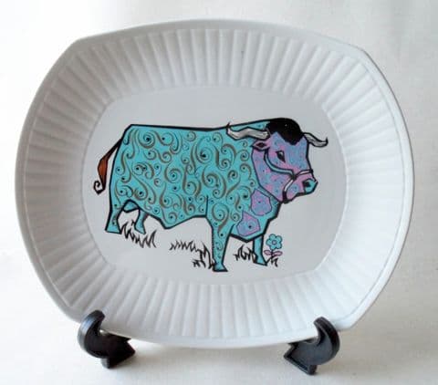 Vintage Steak & Grill Set Bull Series Plate English Ironstone Pottery Staffordshire Tableware Circa 1970s Beefeater Blue & Pink