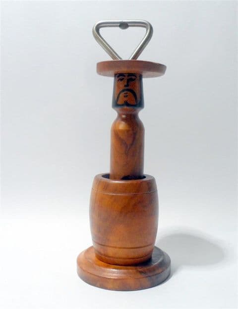 Vintage Surprise Man in a Barrel Figural Bottle Opener 1950s Nude Erotica Superb Detail Olive Wood