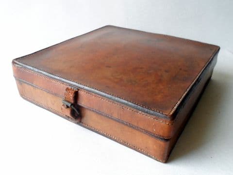 Vintage Thick Leather Square Collar Handkerchief Box Circa 1920s 1930s Stud Cufflinks Links Earrings Rings Jewellery Storage Luggage