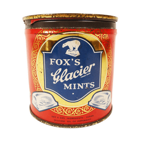 Vintage Tin Fox's Glacier Mints Leicester Belfast Unusual Key Wind Tag Twist Type 1940s MB Metal Box