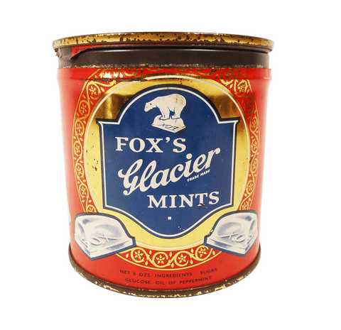 Vintage Tin Fox's Glacier Mints Leicester Belfast Unusual Key Wind Tag Twist Type 1940s MB Metal Box