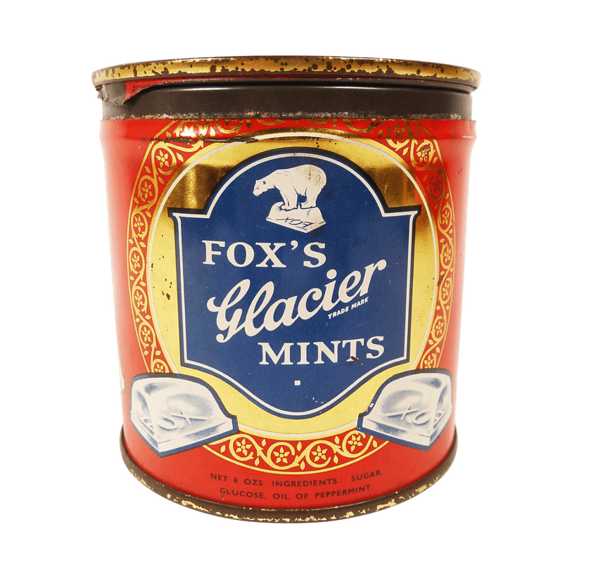 Vintage Tin Fox's Glacier Mints Leicester Belfast Unusual Key Wind Tag Twist Type 1940s MB Metal Box