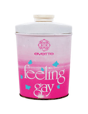 Vintage Tin Holloway Ltd Lavenham Evette Feeling Gay Julee Perfume Talcum Talc Powder 70g gram 1970s