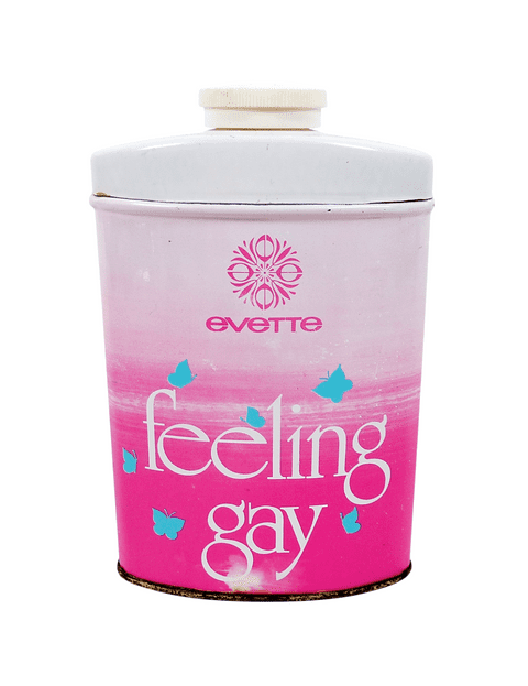 Vintage Tin Holloway Ltd Lavenham Evette Feeling Gay Julee Perfume Talcum Talc Powder 70g gram 1970s