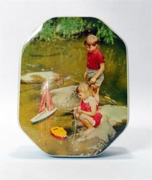 Vintage Toffee Tin Boy & Girl Pond Yacht Boat Circa 1950s Sweet