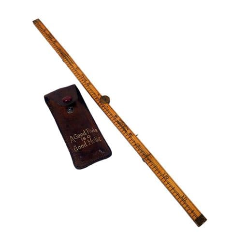 Vintage Tool 4 Fold Boxwood Brass Rule Ruler Rabone Hockley Abbey Birmingham 12" 1150 Leather Case