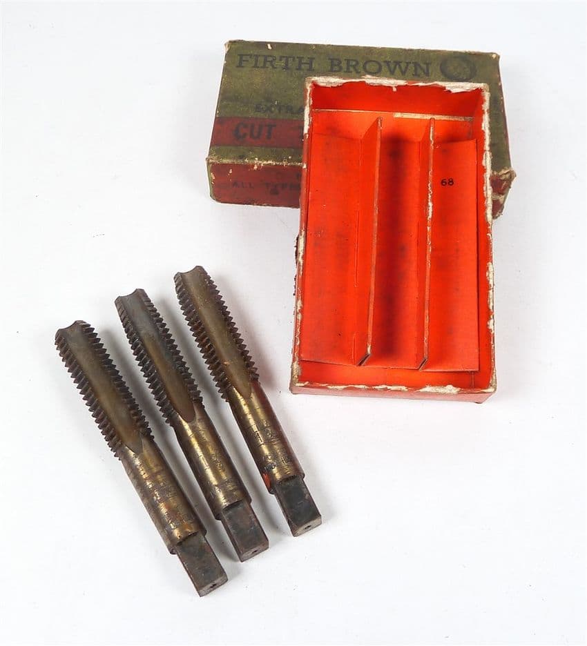 Vintage Tool Boxed Firth & Brown Sheffield Set of 3 Extra Cast Steel Cut Thread Taps 5/8