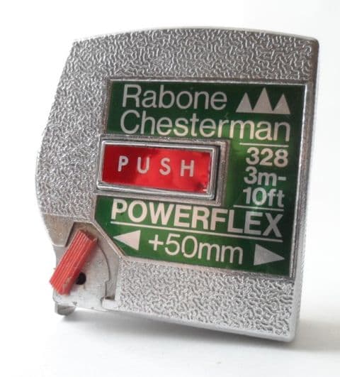 Vintage Tool Metal Cased Rabone Chesterman England 328 Powerflex Tape Measure Rule 1970s Locking