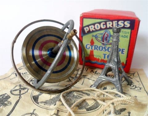 Vintage Toy Boxed Progress Blackpool Gyroscope Spinning Top 50s Eiffel Tower Mechanical Instructions