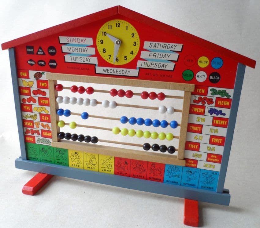 Vintage Toy Boxed Wooden Chinese Wisdom Board 1960s Abacus Clock Learning Alphabet Days Week