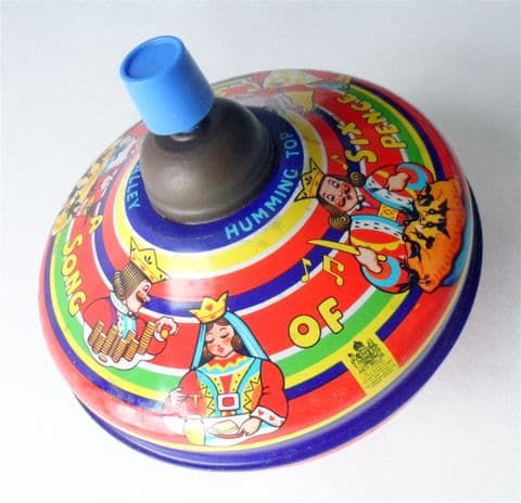 Vintage Toy Chad Valley Harborne England Tin Humming Spinning Top Tin Circa 1960s Sing a Song of Sixpence Nursery Rhyme (1)