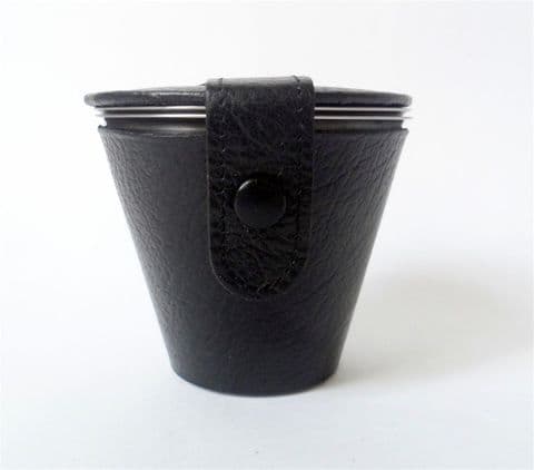 Vintage Travel Mid Century Calfskin Cased Danish Ria Stainless Denmark Stirrup Tot Drinking Cups