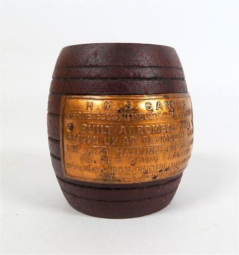 Vintage Treen HMS Ganges Teak Match Vesta Barrel 1930s Nautical Marine WW1 Desk Office Royal Navy