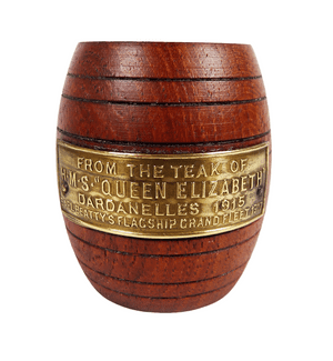 Vintage Treen HMS Queen Elizabeth Teak Match Vesta Barrel 1950s Nautical Marine WW1 WW2 Royal Navy