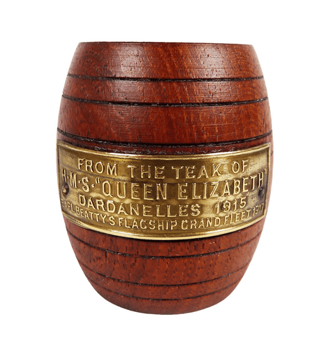Vintage Treen HMS Queen Elizabeth Teak Match Vesta Barrel 1950s Nautical Marine WW1 WW2 Royal Navy